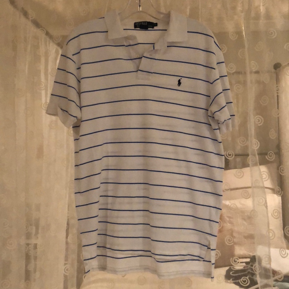 Men’s White Polo w Blue Stripes